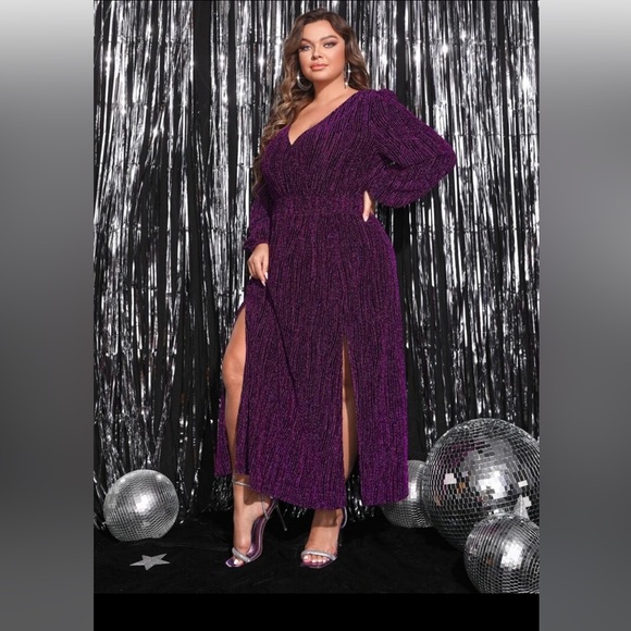 SHEIN Lantern Sleeve, Split Thigh, Glitter Dress, Purple, size 1x, Worn 1x - Picture 3 of 4